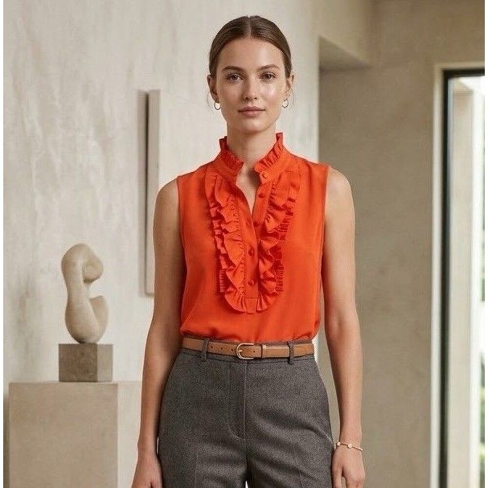 J. Crew 100% Silk Ruffle Neck Sleeveless Blouse Burnt Orange Petite 4P